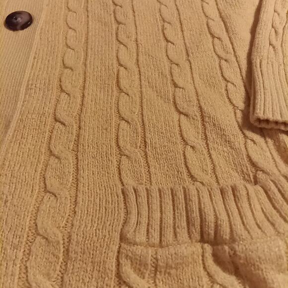 Lands End Women's Wool Blend Mustard Yellow Cardigan 14/16 Fisherman Cable Knit - Picture 2 of 6